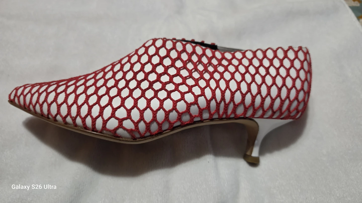 Women's Red and White Mesh Kitten Heel Booties - photo 5