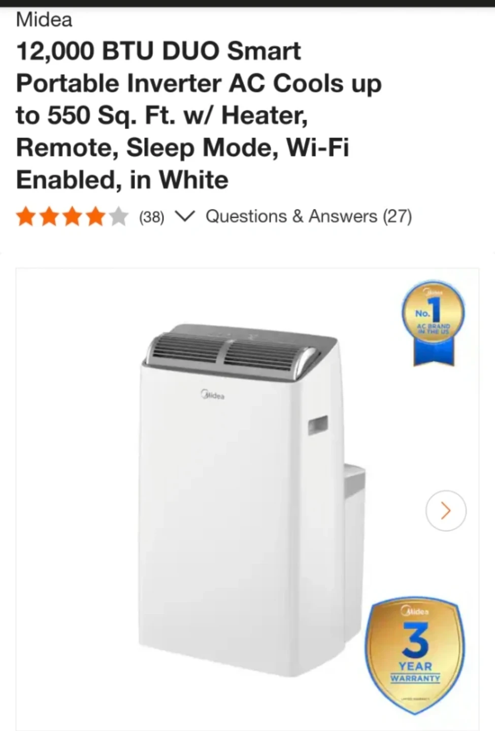 Midea 12,000 BTU DUO Smart Portable Inverter AC w/ Heater