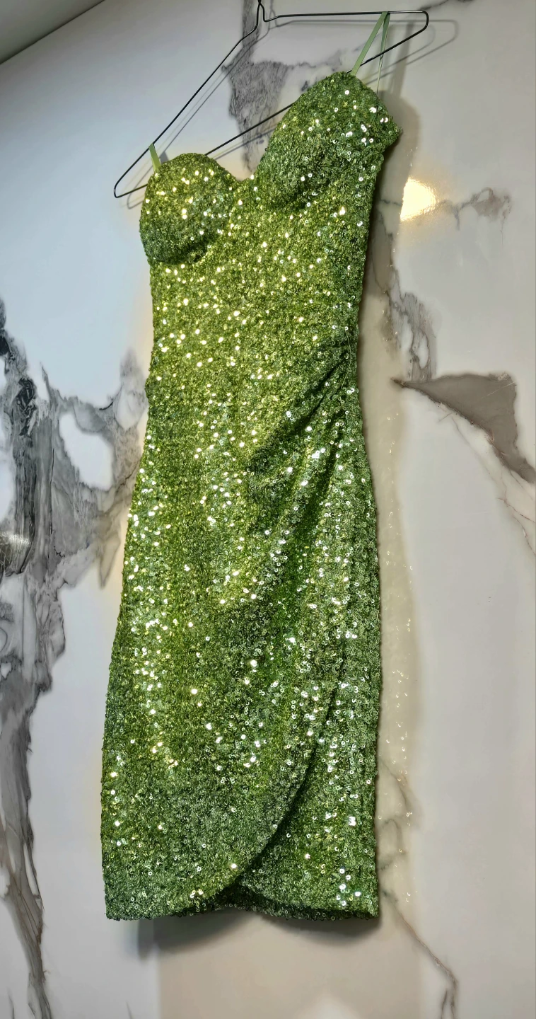 Green Sequin Strapless Ruched Mini Dress
