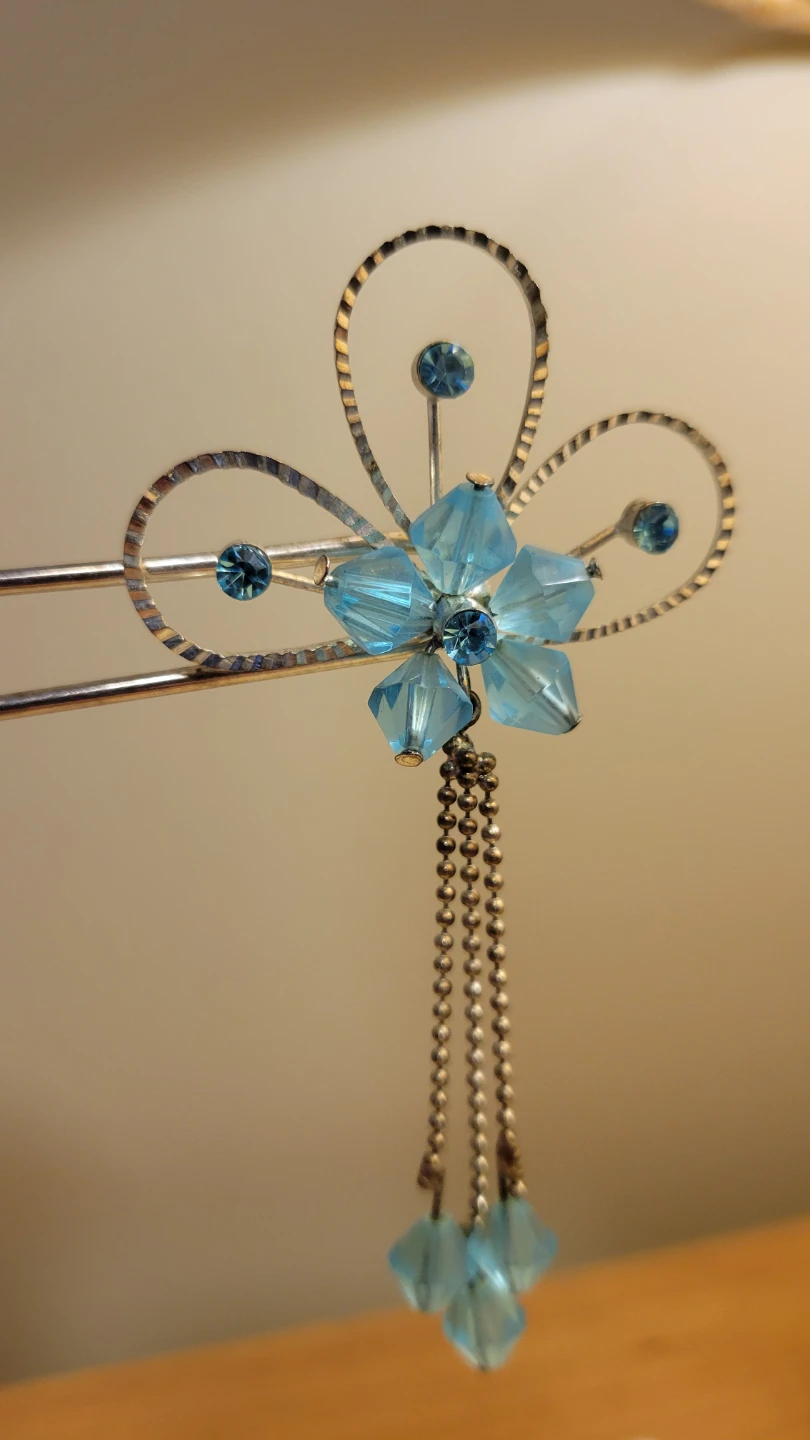 Blue Flower Hair Stick with Dangling Beads