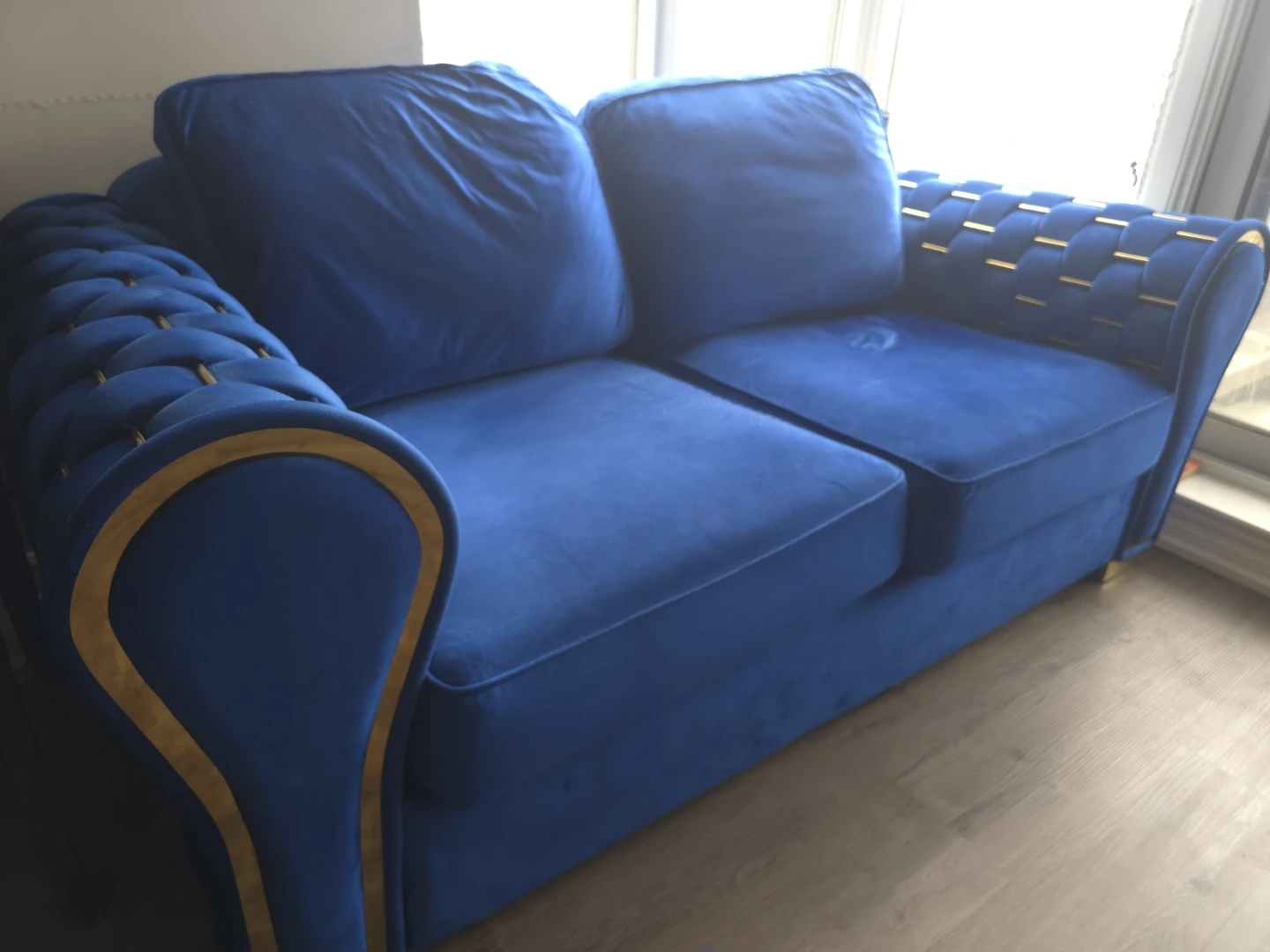 Blue Velvet Tufted Loveseat with Gold Trim - photo 2