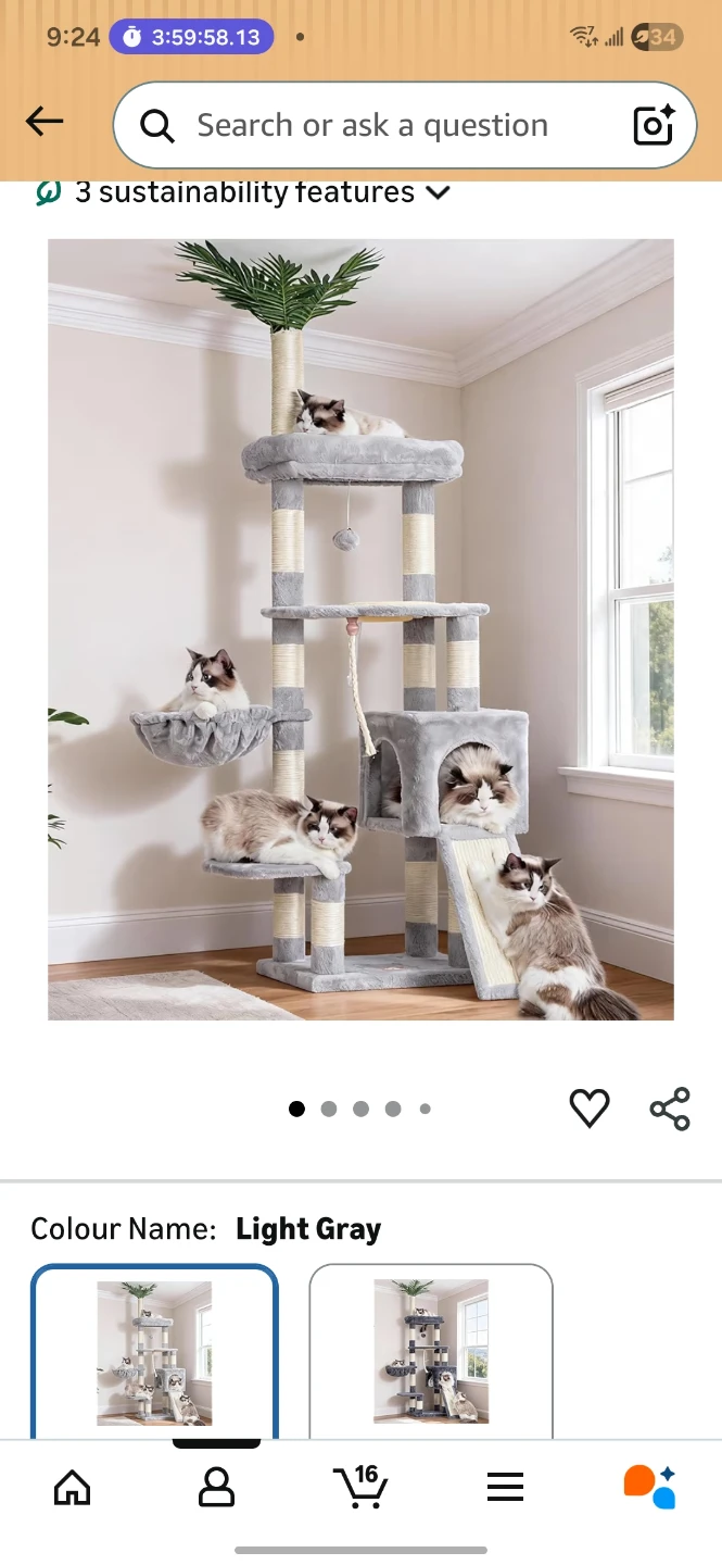 Light Gray Cat Tree with scratching posts and hanging basket