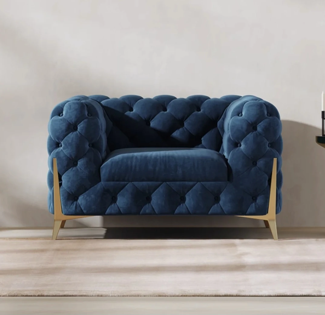 Blue Velvet Tufted Armchair with Gold Legs - photo 2