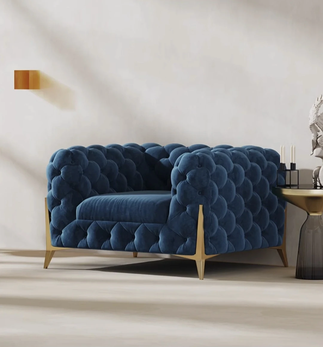 Blue Velvet Tufted Armchair with Gold Legs - photo 3