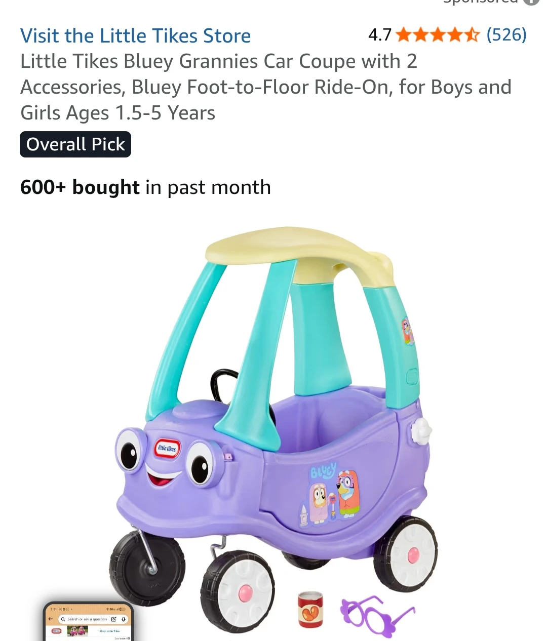 Little Tikes Bluey Grannies Car Coupe Ride-On with Accessories - photo 3