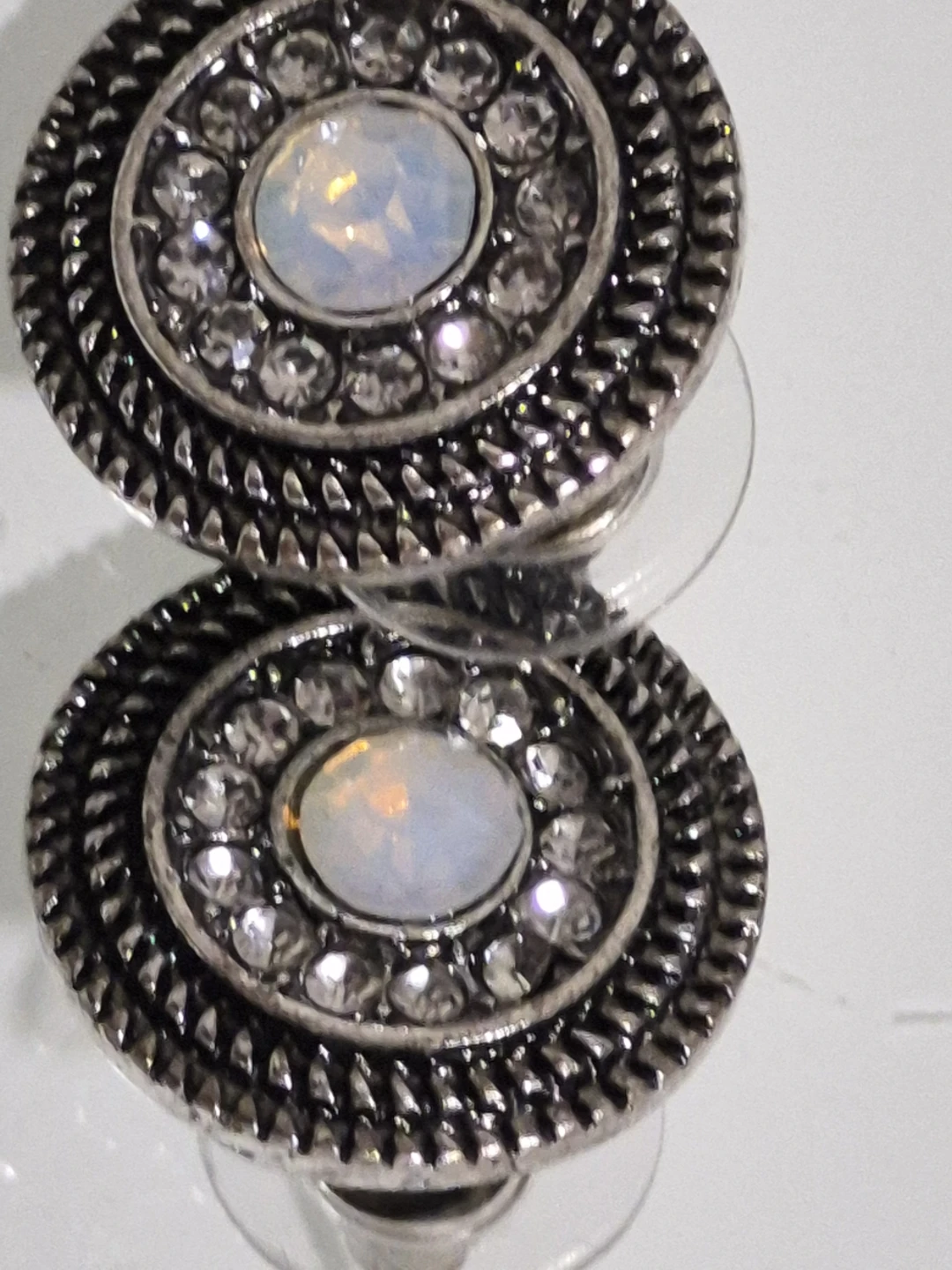 Silver Tone Round Stud Earrings with Faux Opal and Rhinestones