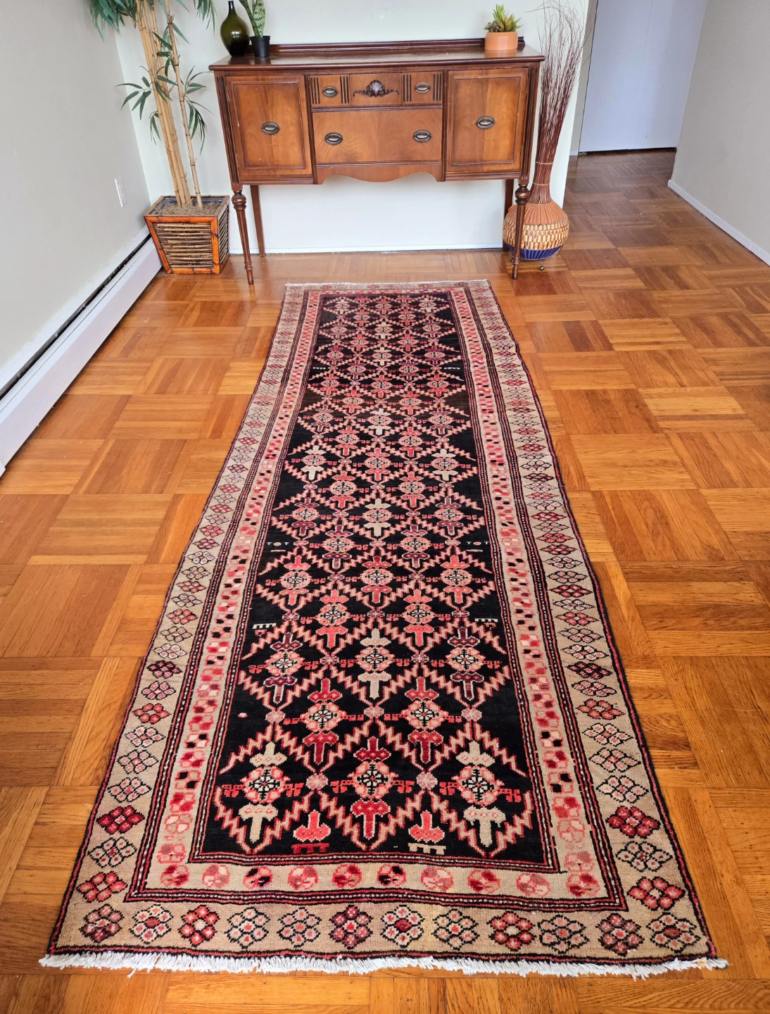 Hand Woven Persian Pink And Black Runner Rug From Iran