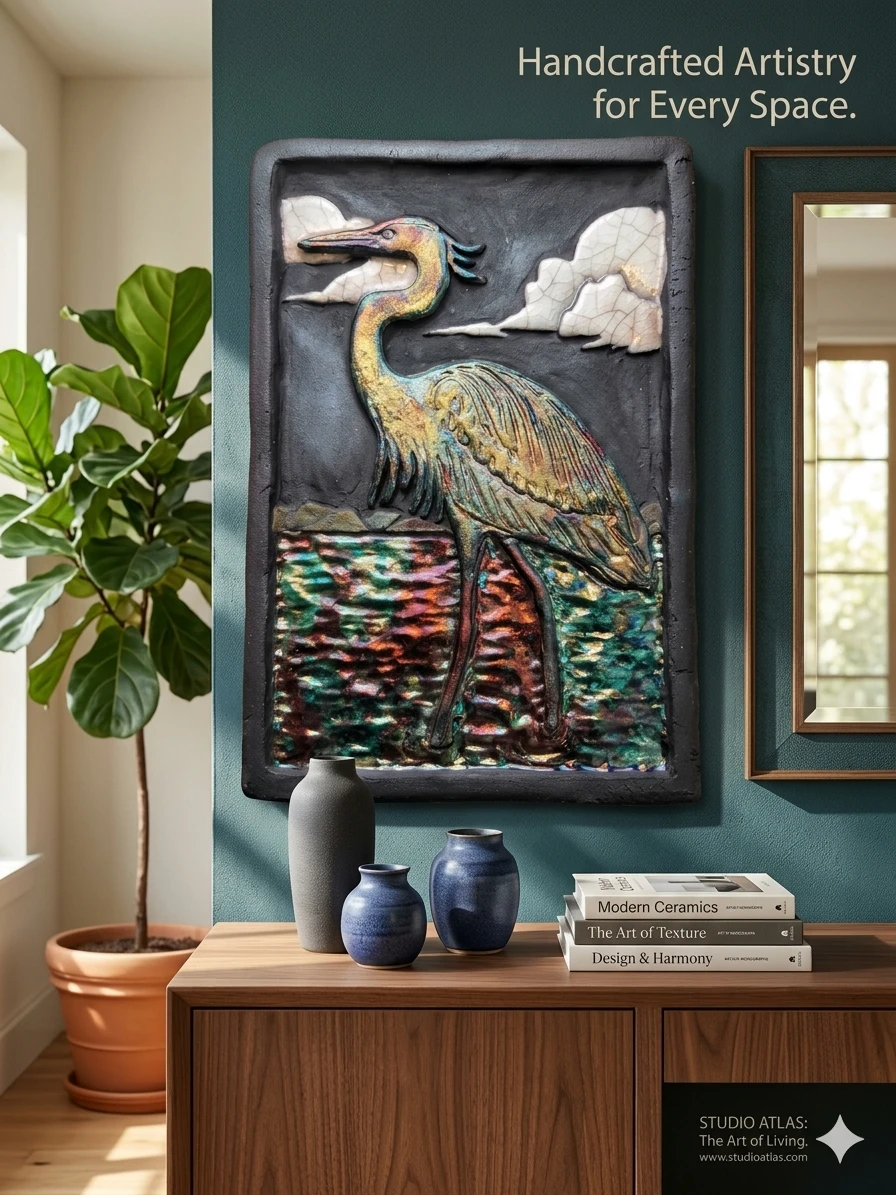 Signed J. M. Smith Stoneware Art Tile - Blue Heron