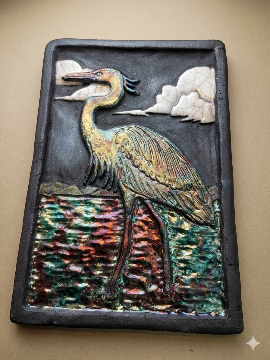 Signed J. M. Smith Stoneware Art Tile - Blue Heron - photo 2