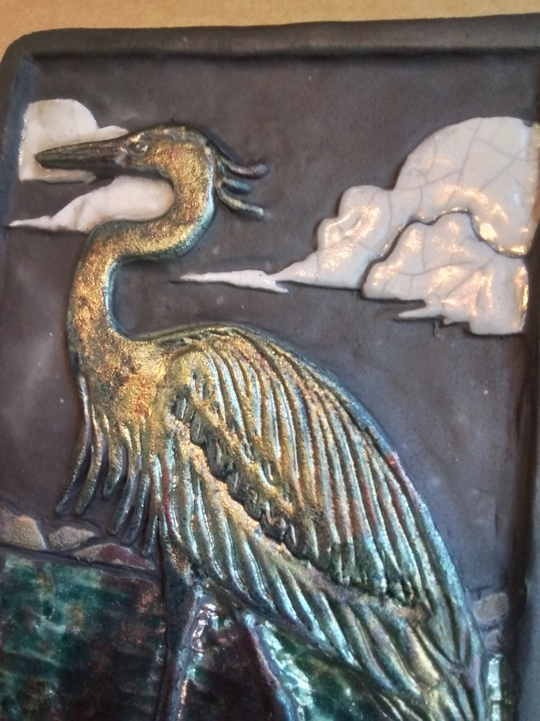 Signed J. M. Smith Stoneware Art Tile - Blue Heron - photo 3