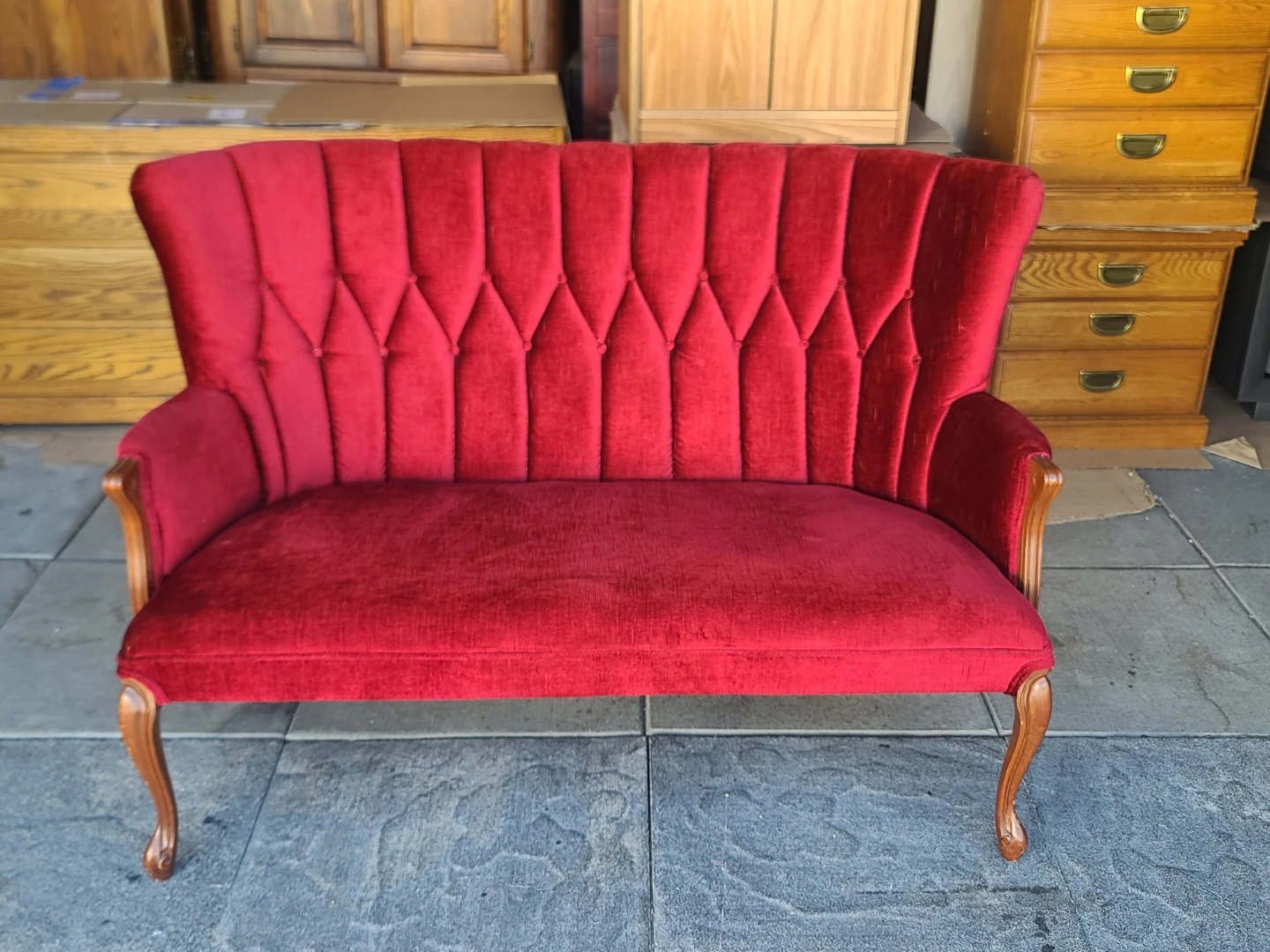 Vintage Red Velvet Tufted Wingback Loveseat / Settee