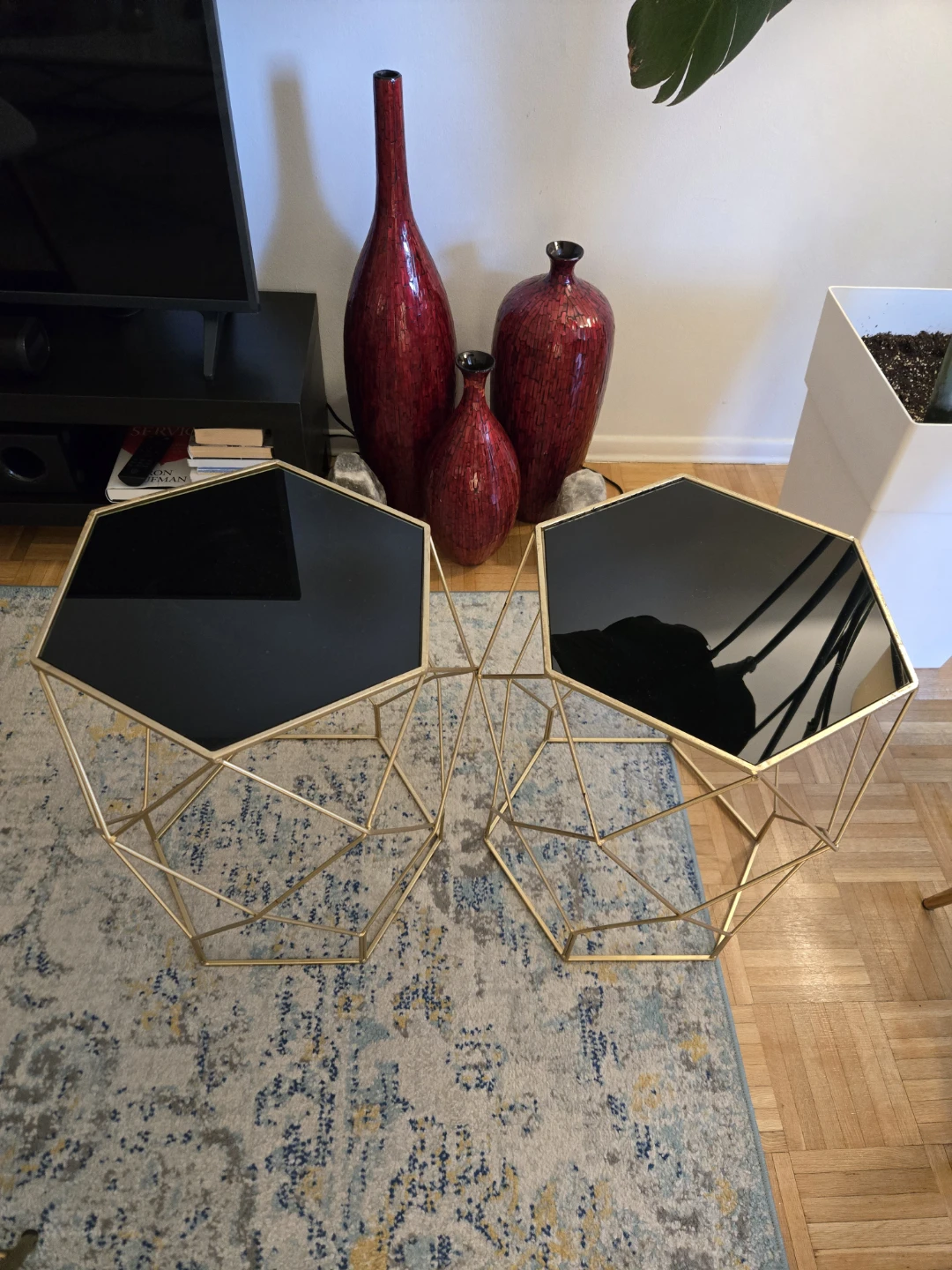 Gold Geometric Side Table with Black Top