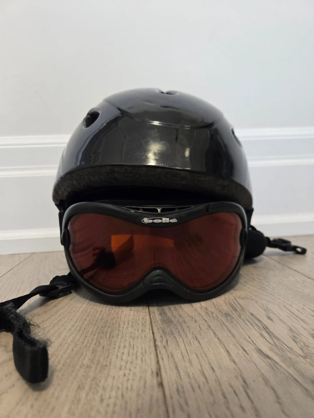 Glossy Black Ski Helmet with Goggles