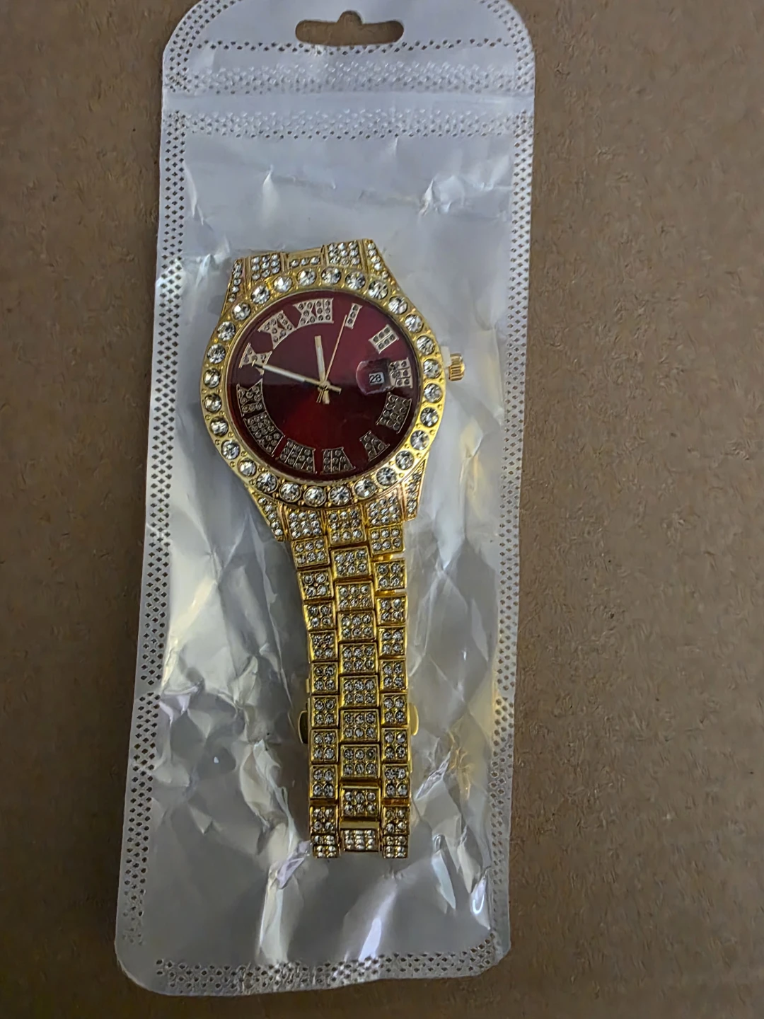 Gold-tone Bling Watch with Red Face