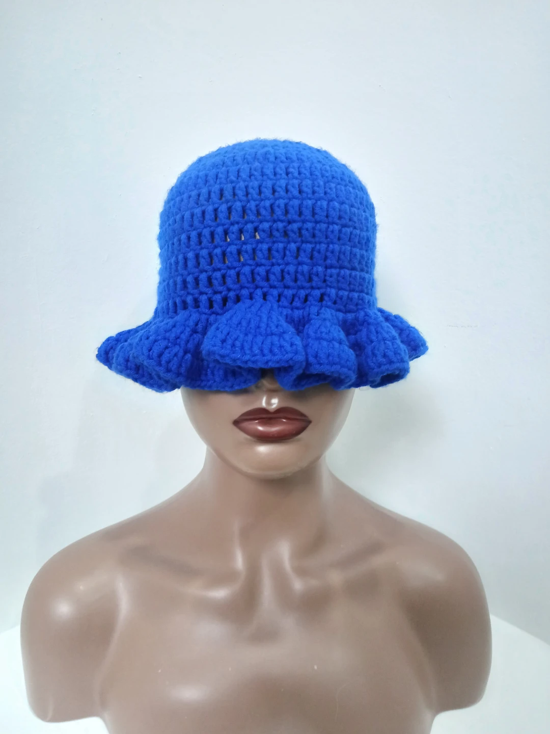 Blue Crochet Bucket Hat with Ruffle Brim