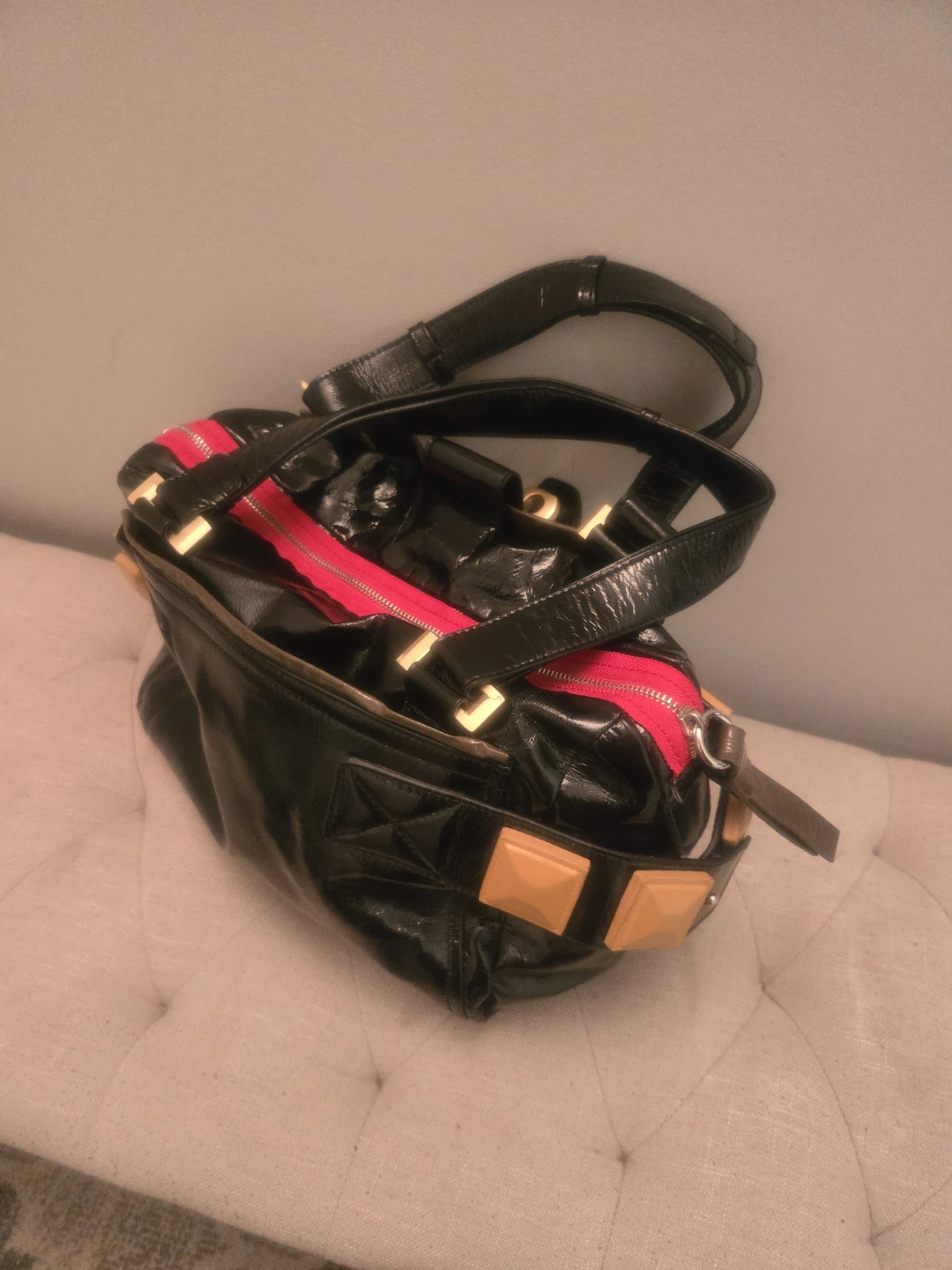 Black Patent Leather Handbag with Gold Accents - photo 2