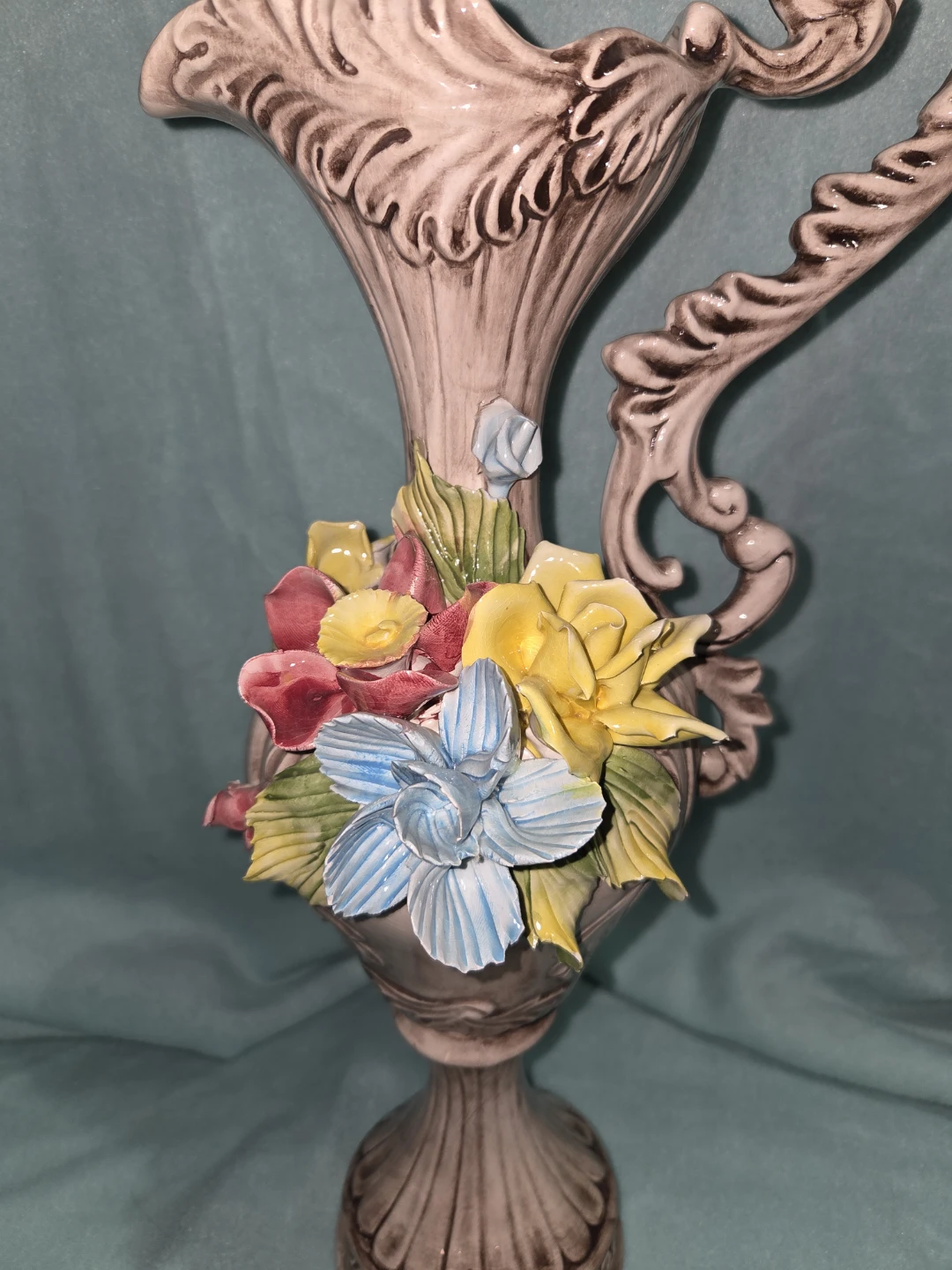Vintage Decorative Ceramic Pitcher Vase with Flowers - photo 2
