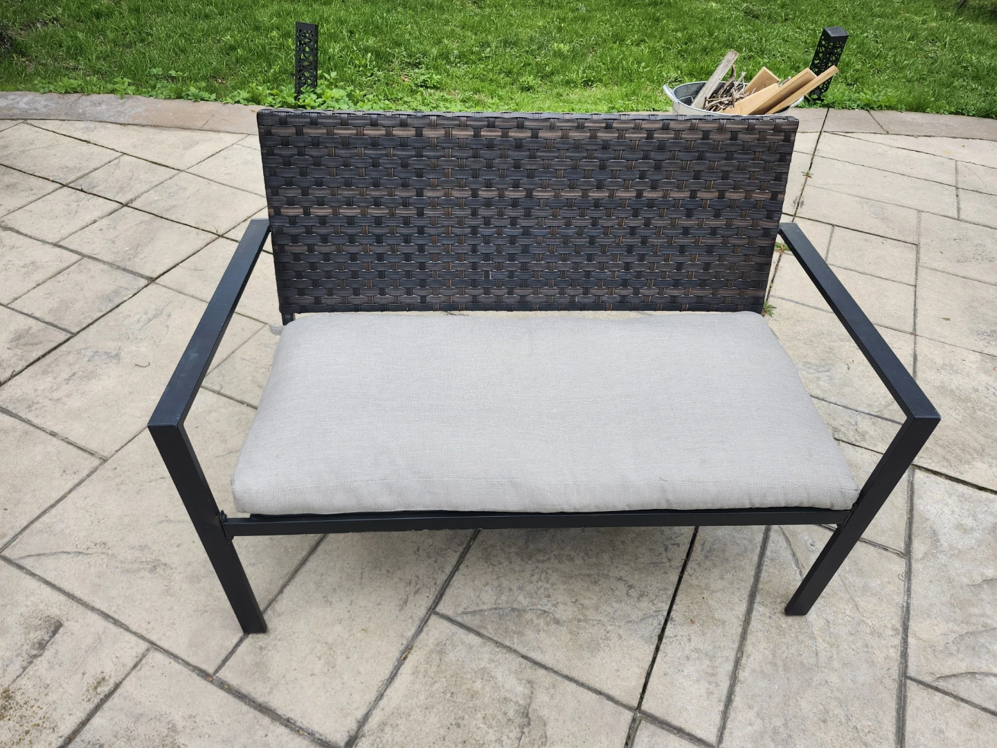 Woven Outdoor Bench with Grey Cushion