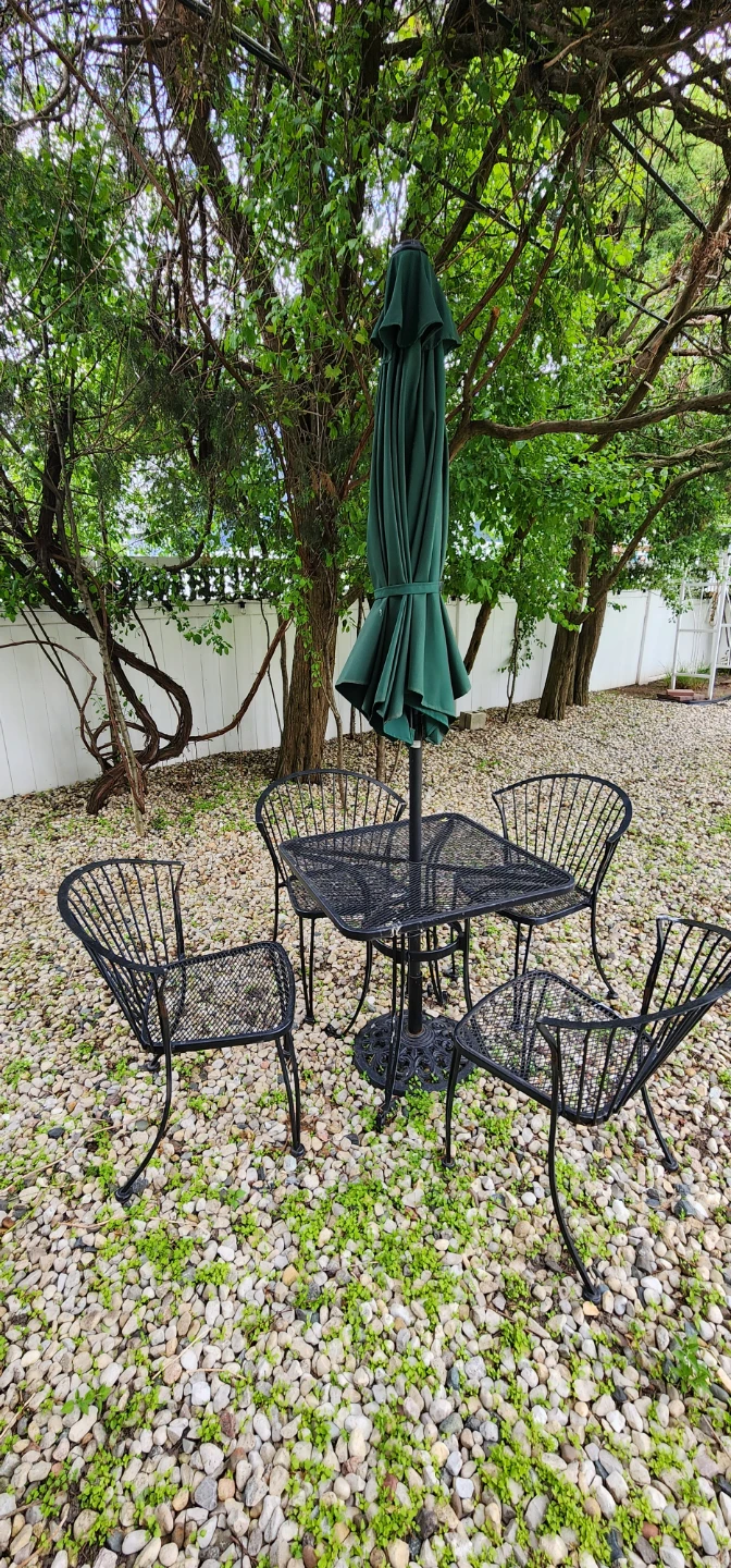 Wrought Iron Patio Dining Set with Umbrella and Iron Base