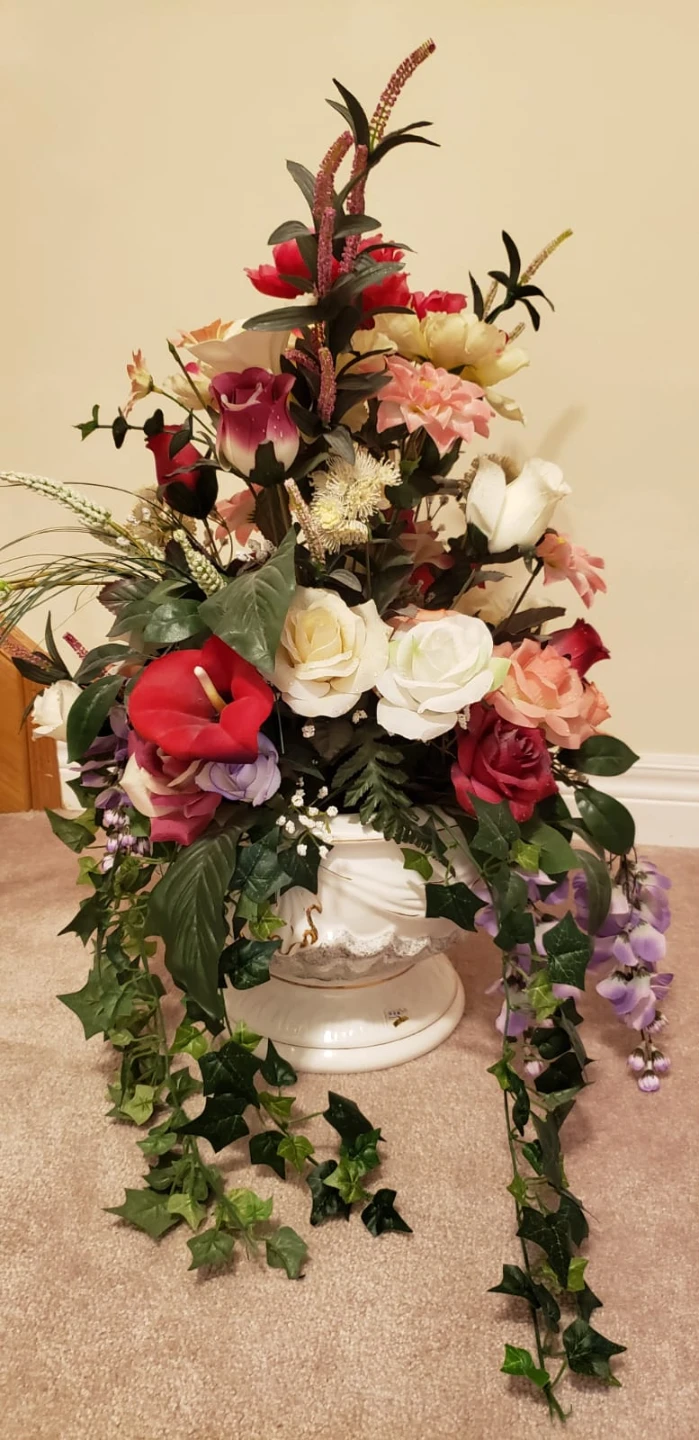 White Pedestal Urn with Faux Floral Arrangement - photo 3