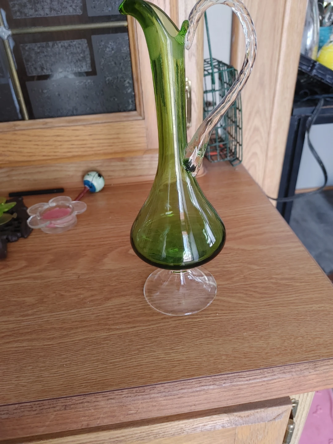Green Glass Pitcher with Clear Handle