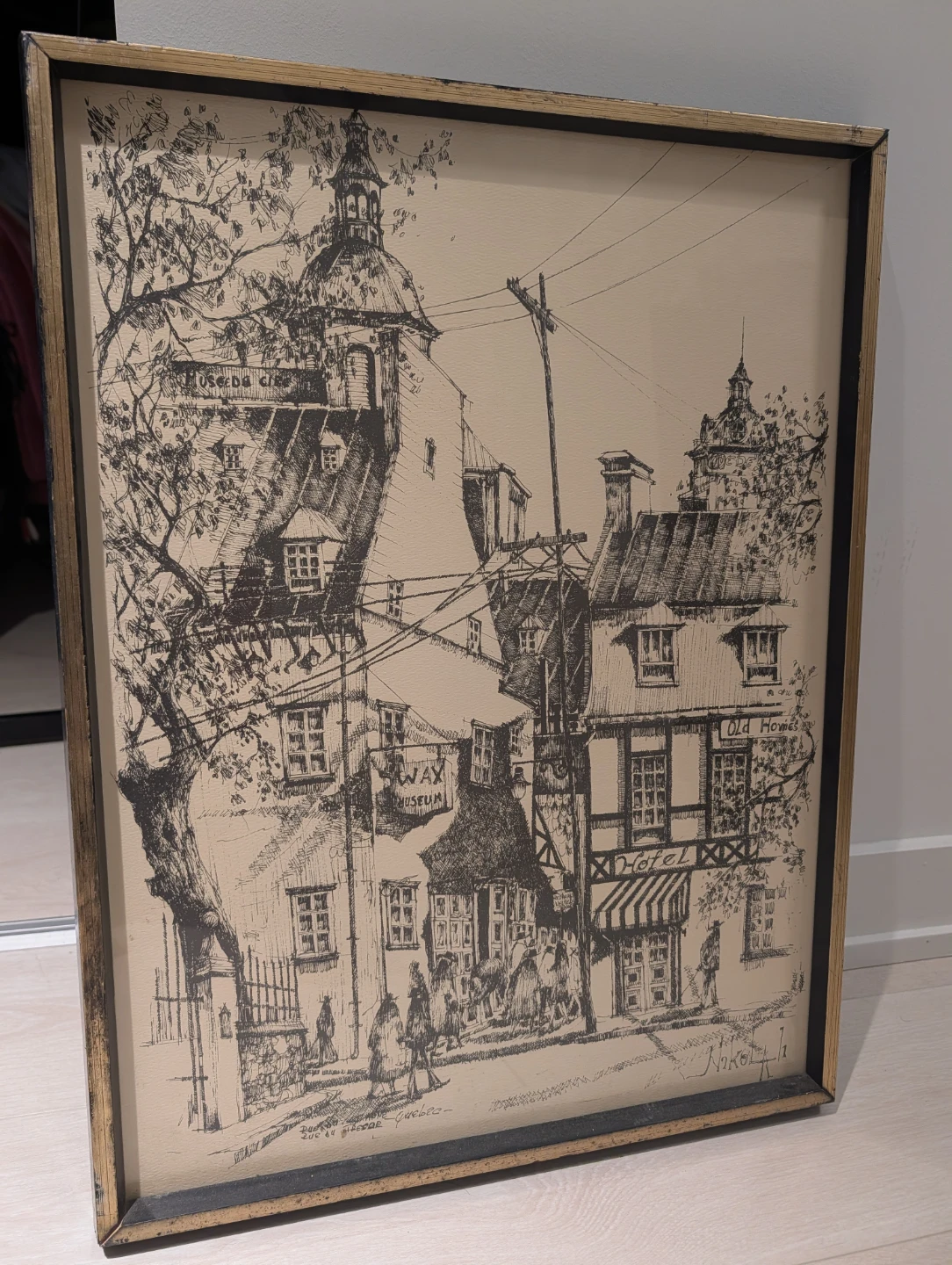 Framed Sketch of Old Quebec Street Scene