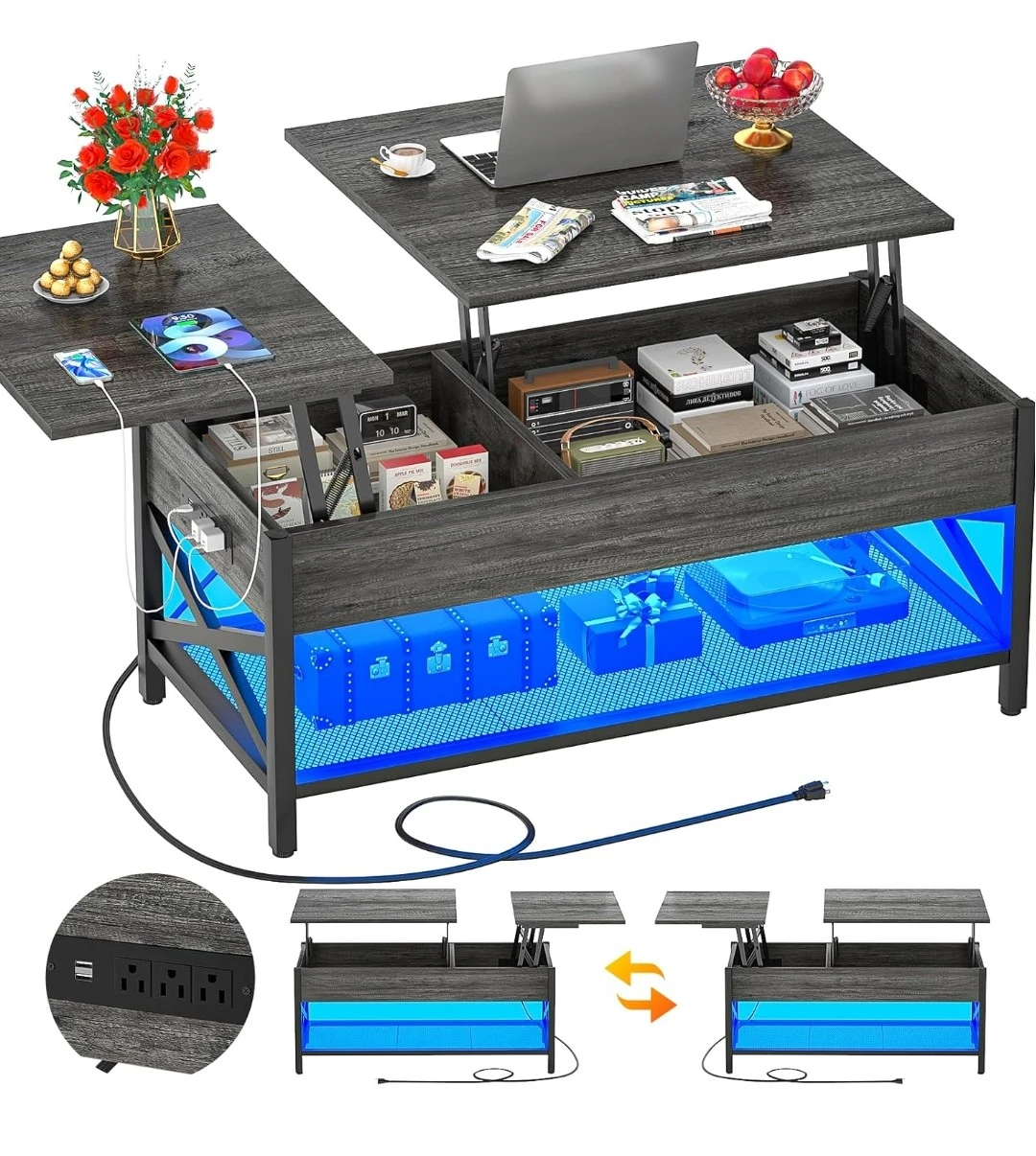 Lift Top Coffee Table with Storage and LED Lights
