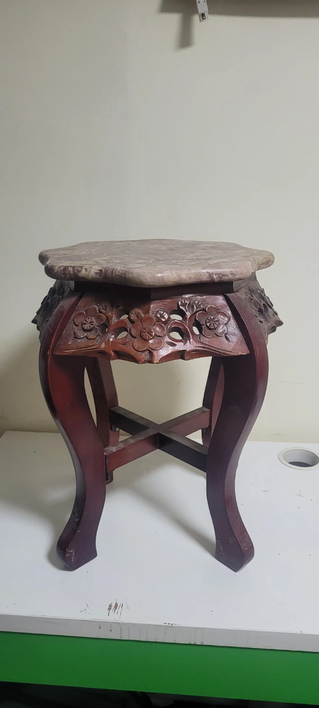 Vintage Carved Wood Plant Stand with Marble Top - photo 2