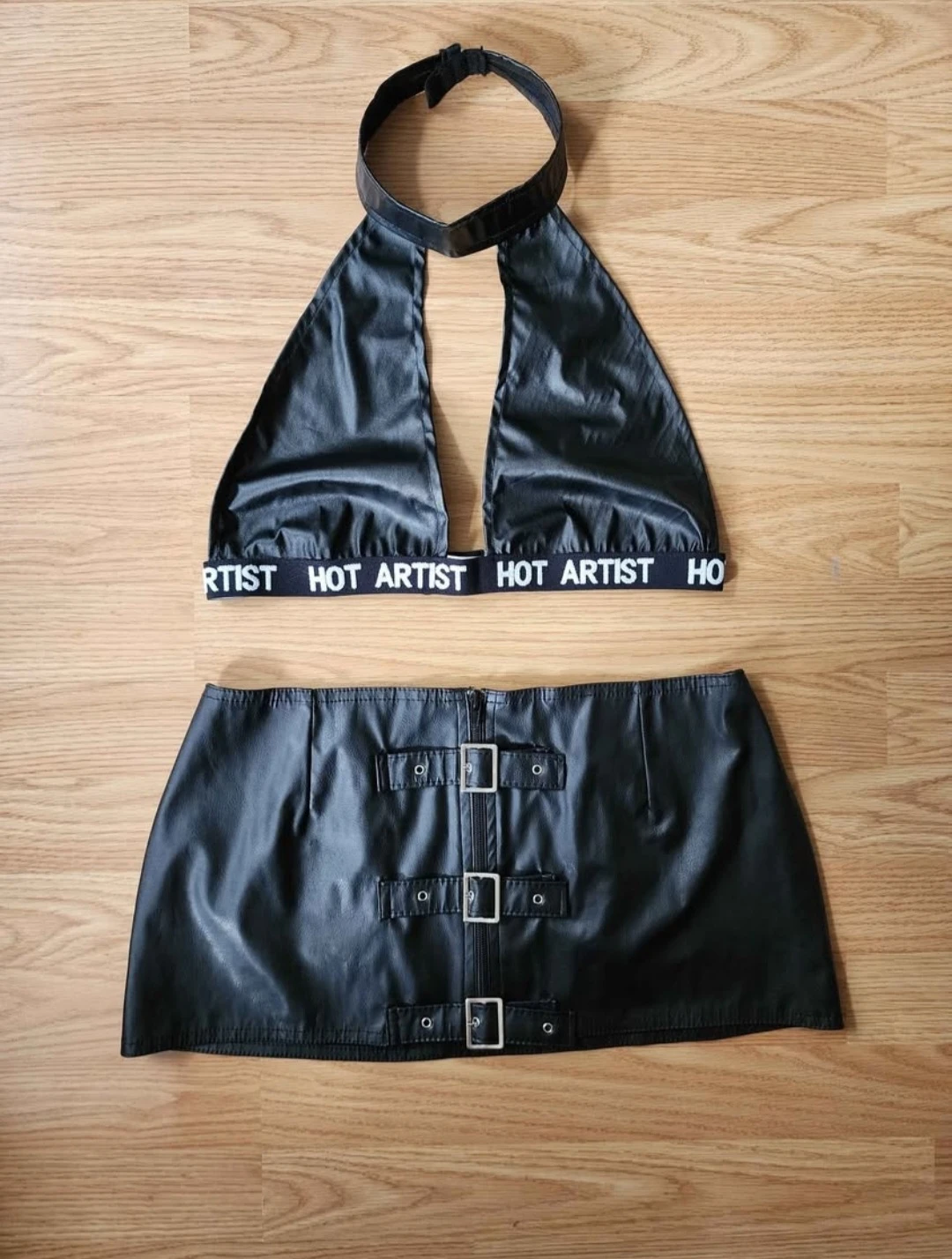 PU Leather Crop Top & Phaze London Buckle Mini Skirt Set * Goth