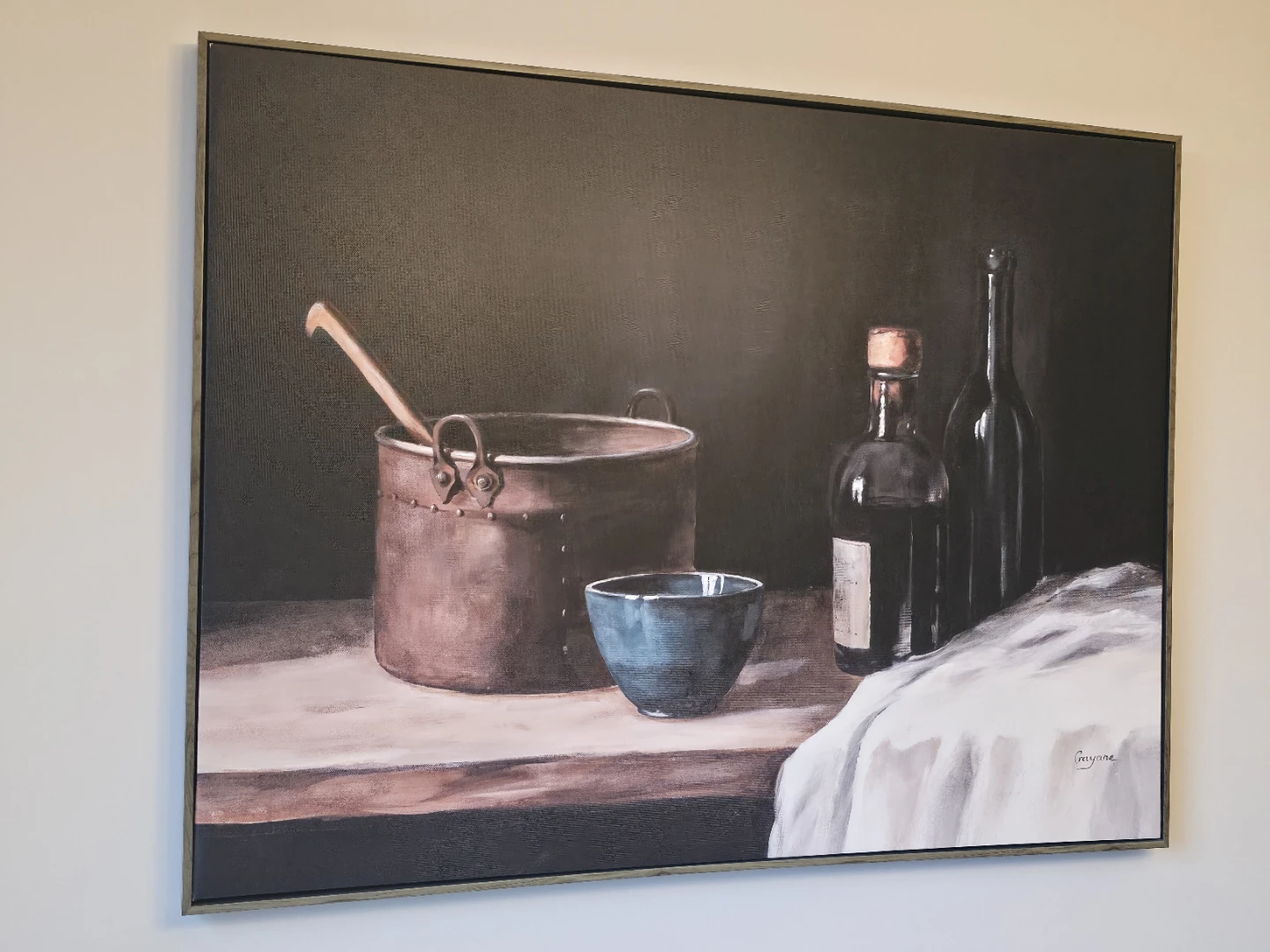 Still Life Painting with Copper Pot and Bottles