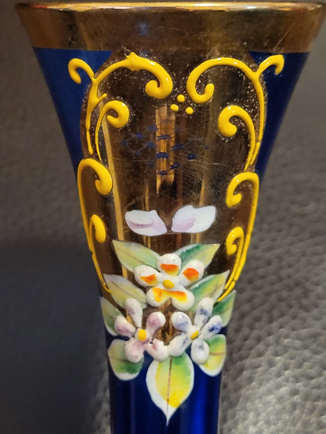 Blue Glass Bud Vase with Floral Design and Gold Trim - photo 4