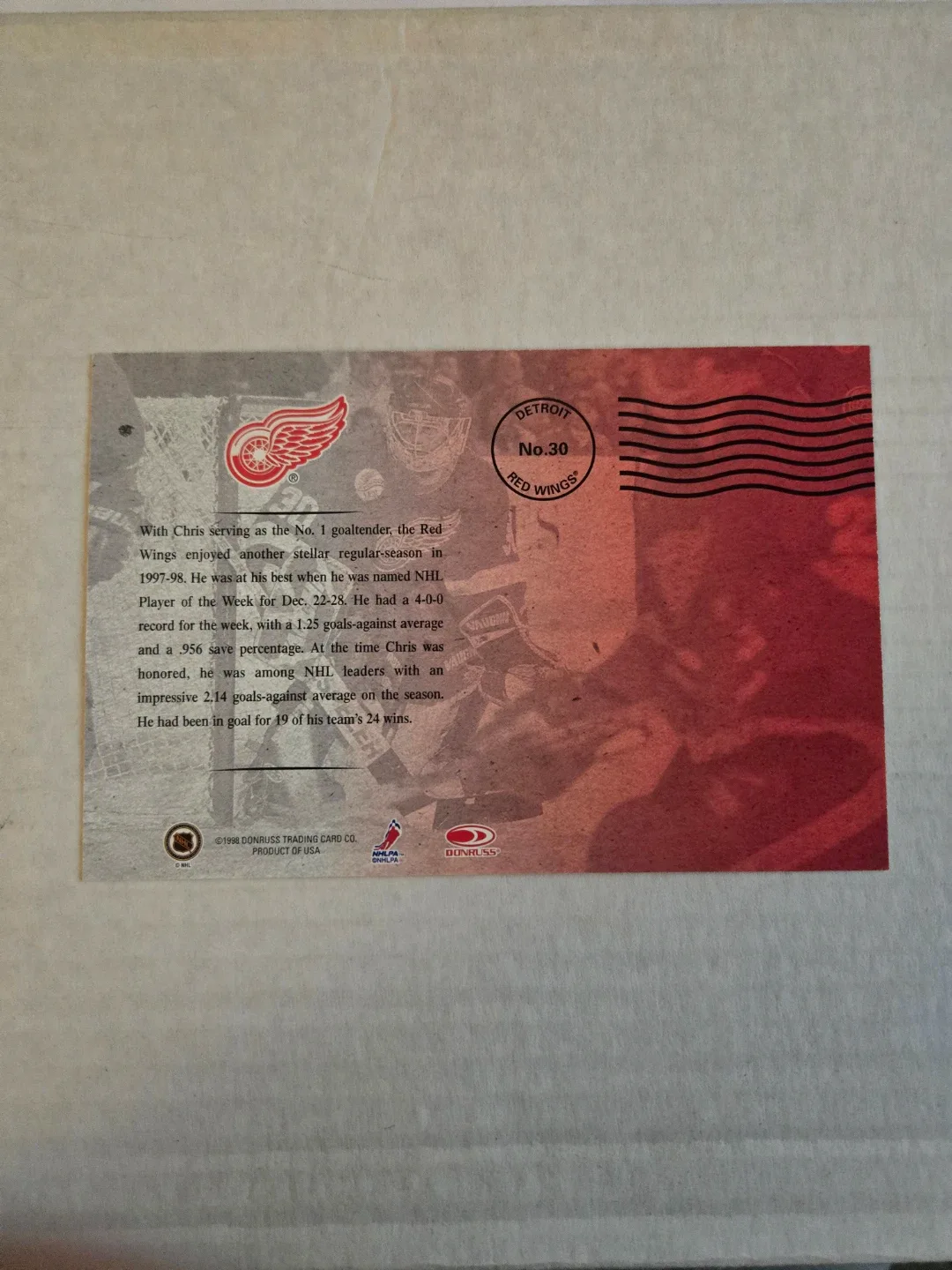 1997-98 Donruss Chris Osgood Detroit Red Wings Hockey card - photo 2