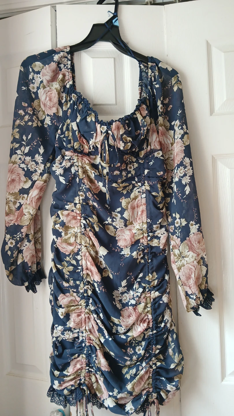 Navy Floral Ruched Long Sleeve Mini Dress