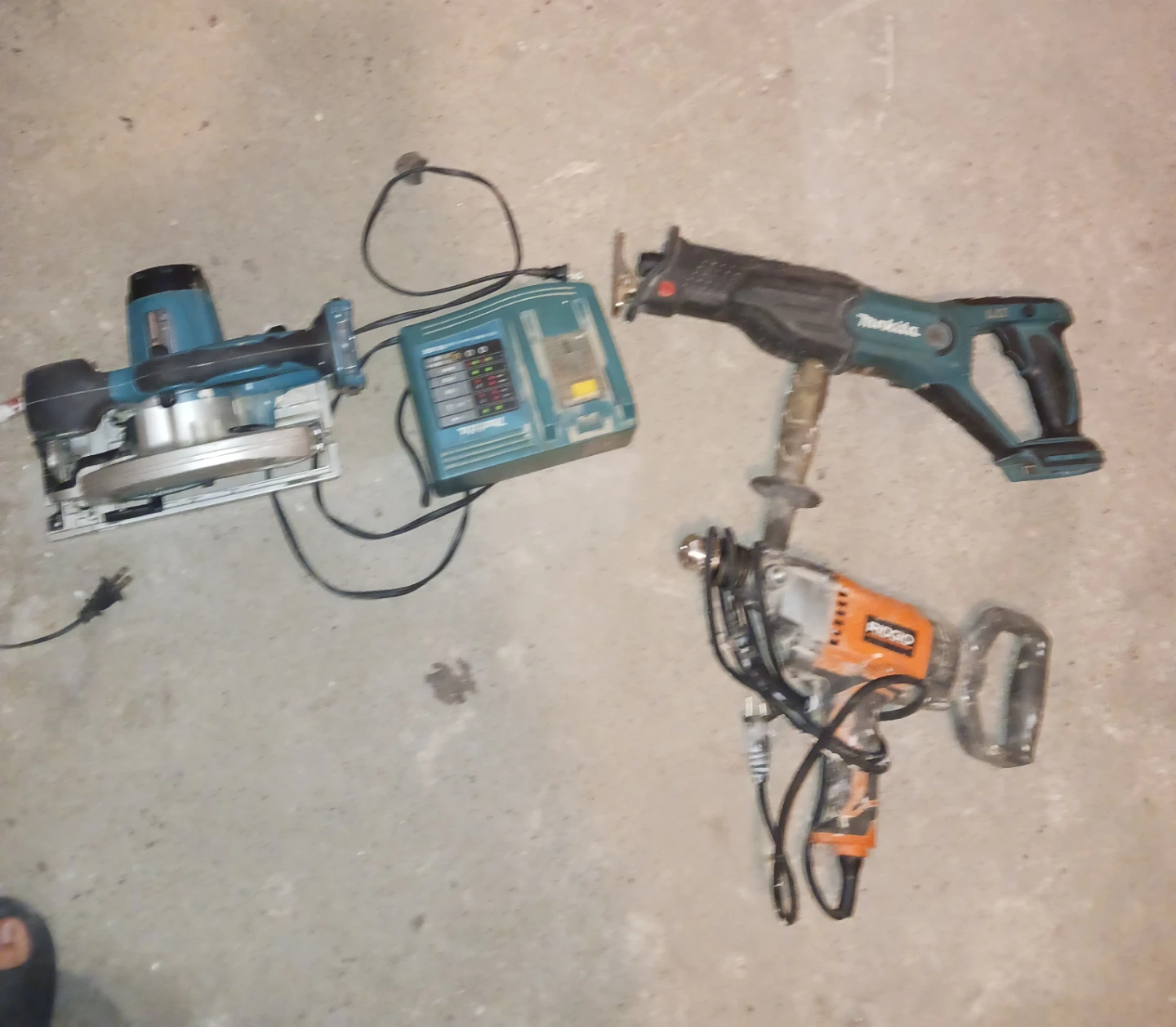 Makita Circular Saw, Reciprocating Saw, and Ridgid Hammer Drill