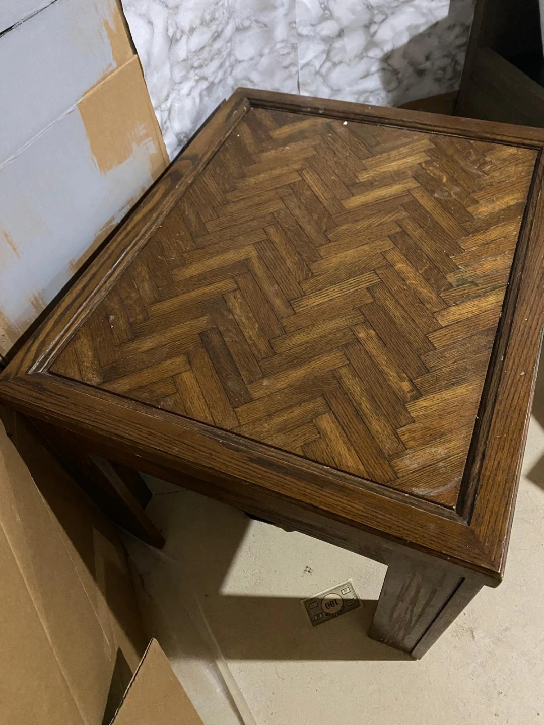 Wooden End Table with Herringbone Top