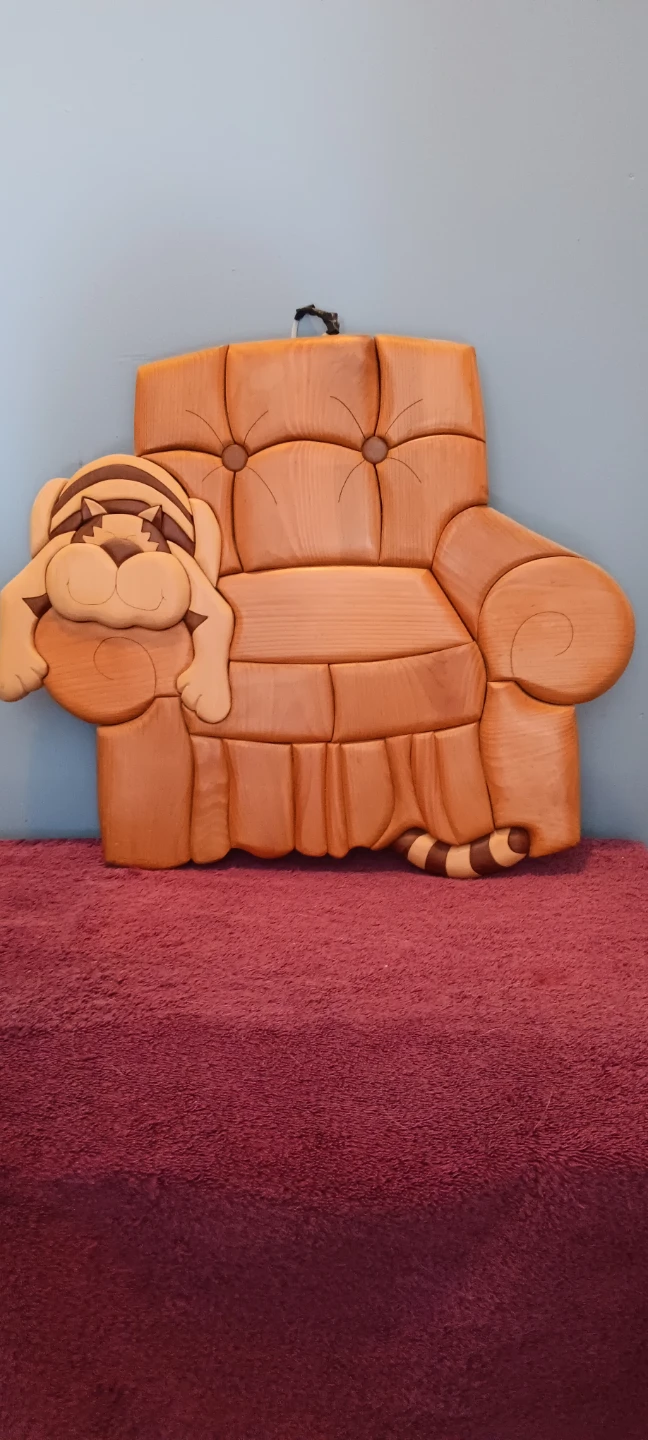 Wooden Carved Chair with Sleeping Cat Wall Art
