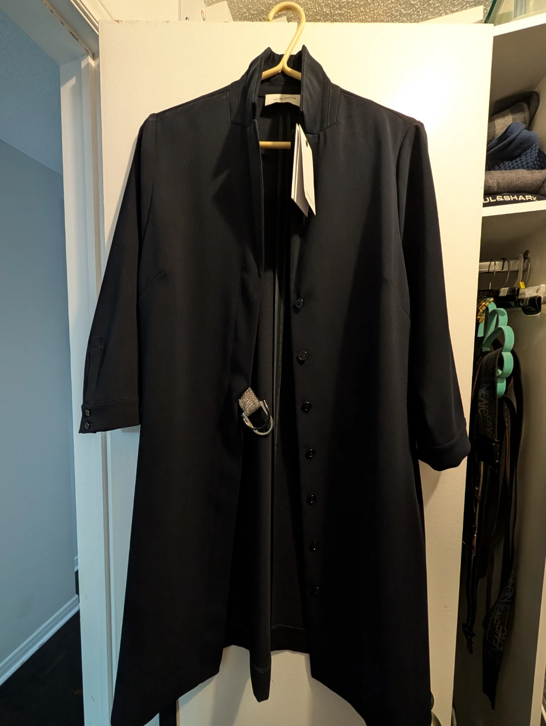 New Georges Rech Black Long Coat with Decorative Buckle 42