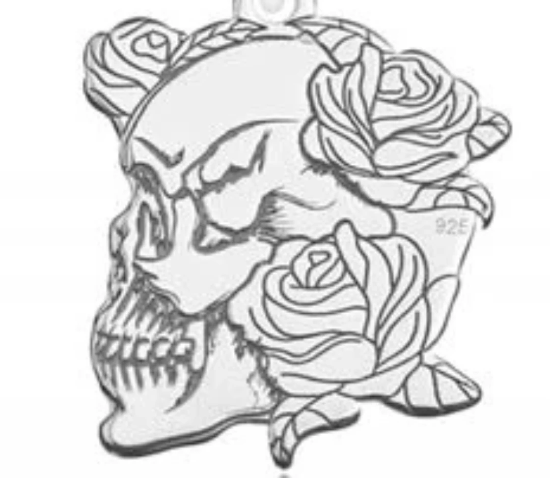 Sterling Silver Skull and Roses Charm Pendant
