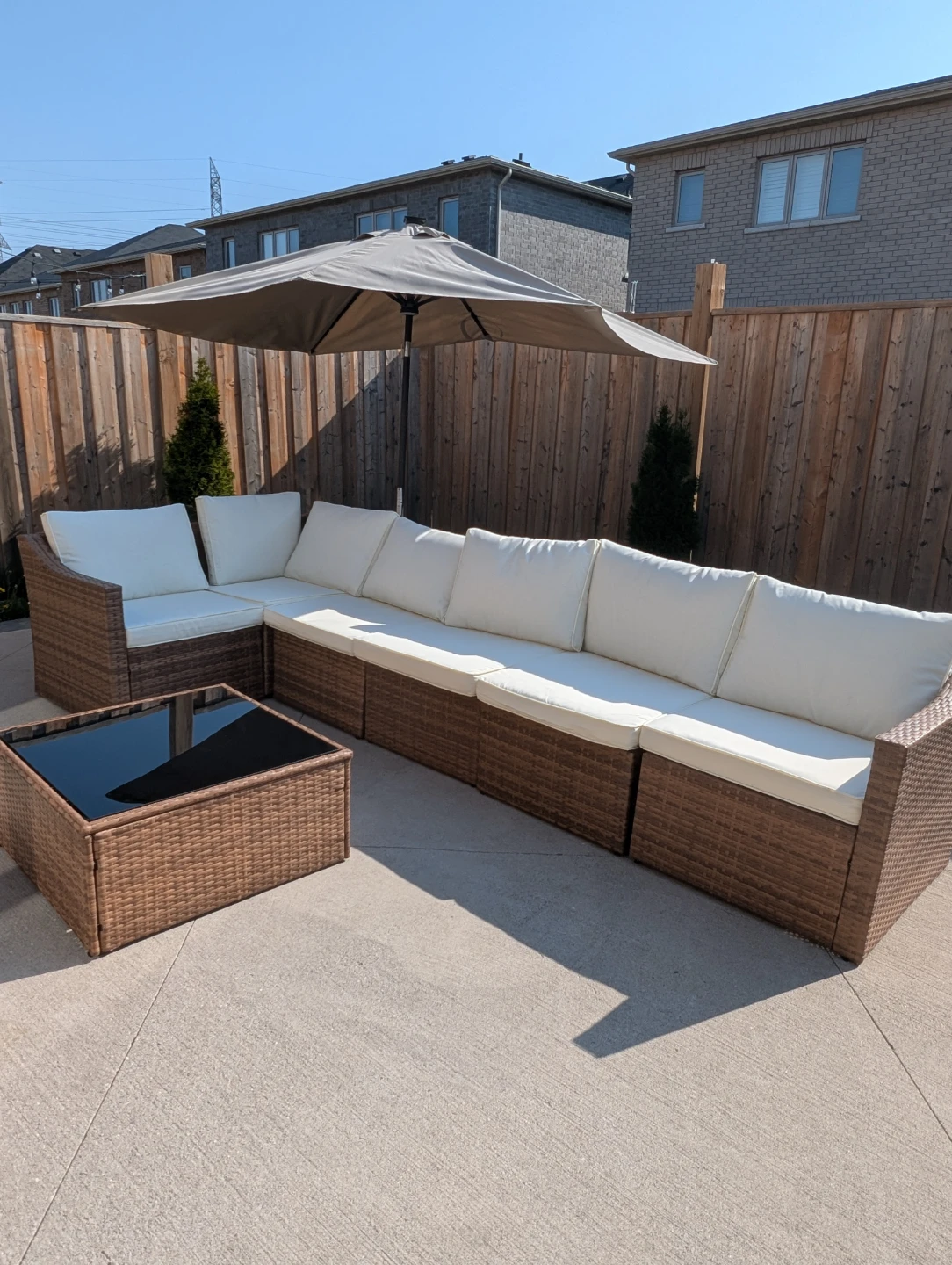 Wicker Sectional Patio Sofa with Coffee Table and Umbrella