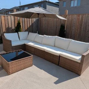 Wicker Sectional Patio Sofa with Coffee Table and Umbrella