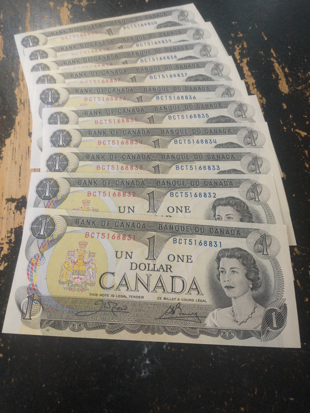 1973 Canada uncirculated $1 ten consecutive banknotes ends ~8884 - photo 4