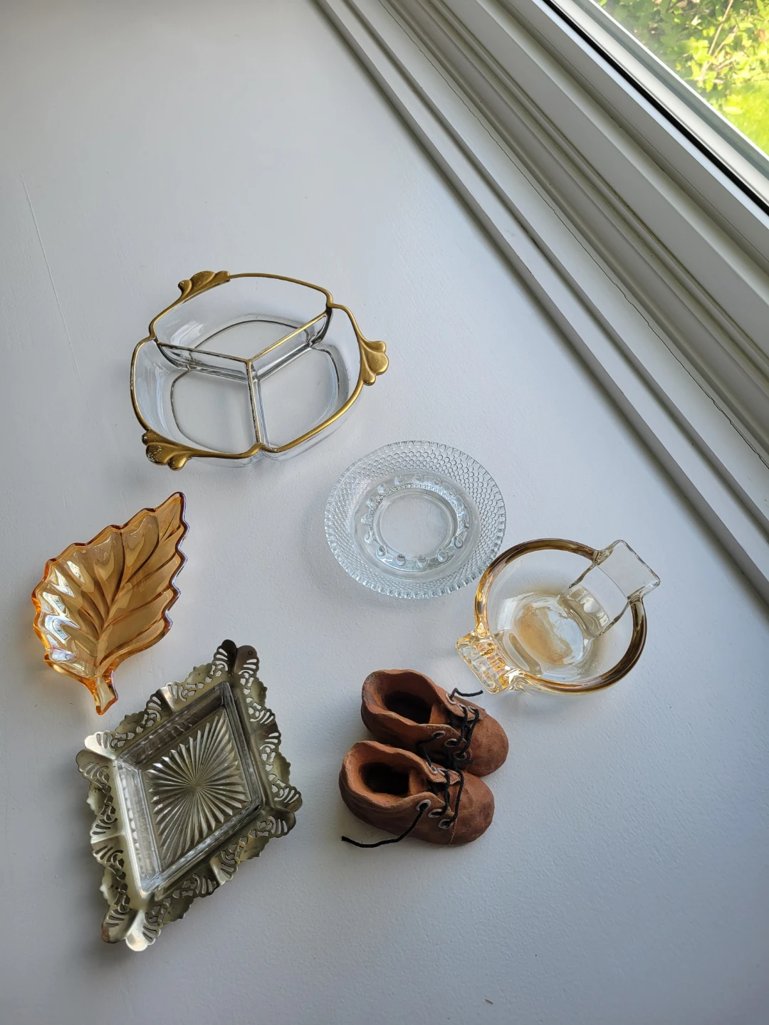 Vintage Trinket Dishes.Vintage Ashtrays . Terracotta Baby shoes