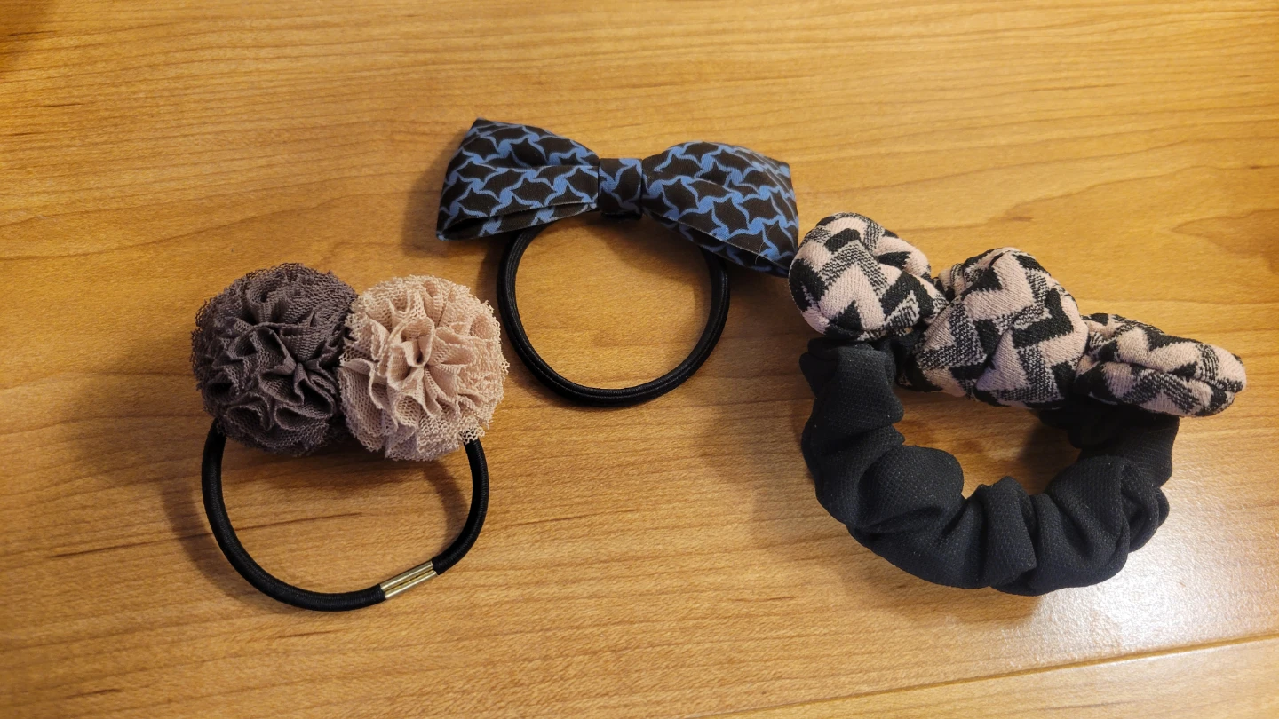 3 Hair Ties - Scrunchies with Bow and Flower Accents