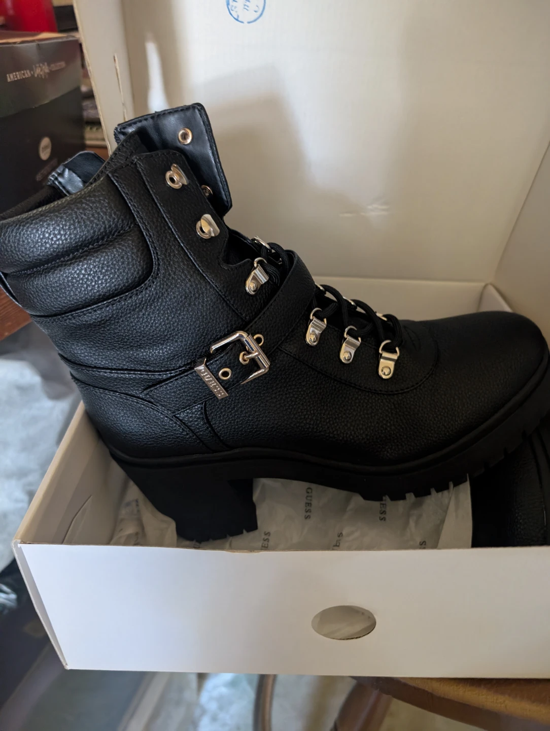 Guess Black Faux Leather Lace-Up Combat Boots