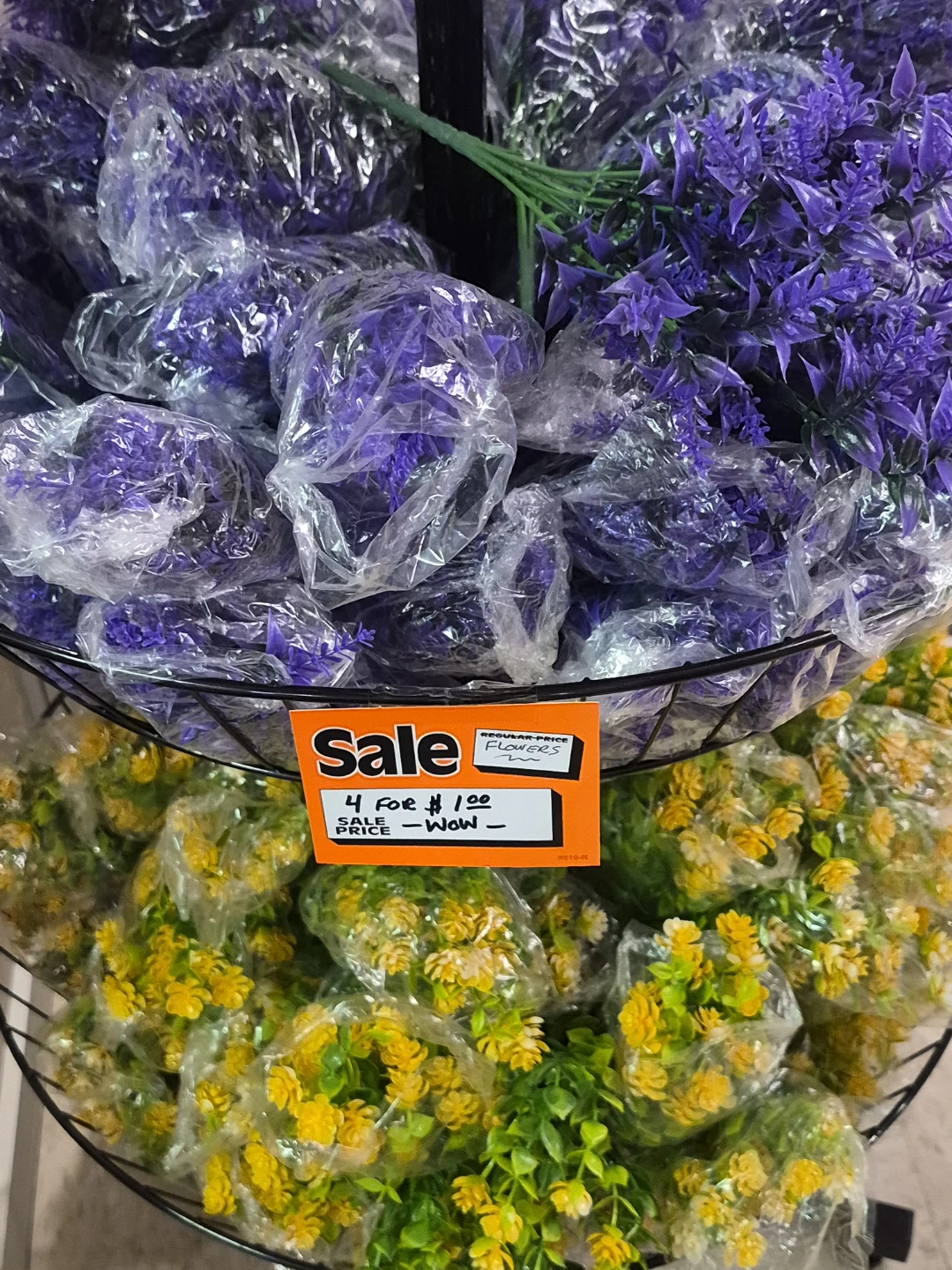 Artificial plastic Flowers - Yellow and Purple 4 for $1.00