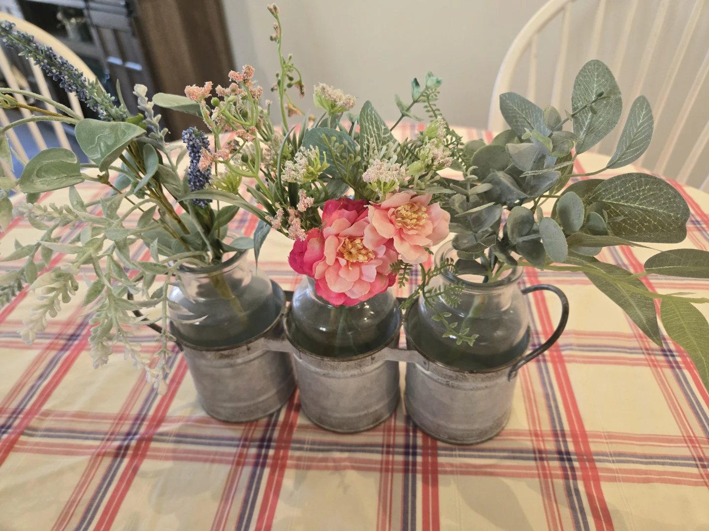 Faux Floral Arrangement with Galvanized Metal Pitchers