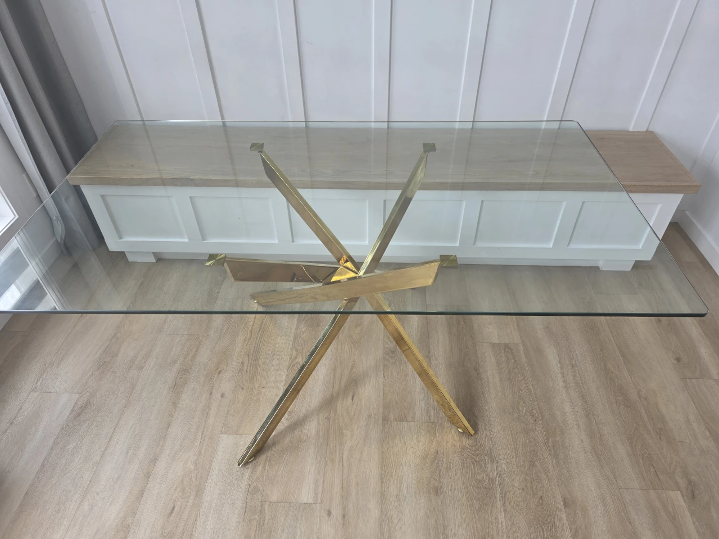 Glass Dining Table with Gold X-Base