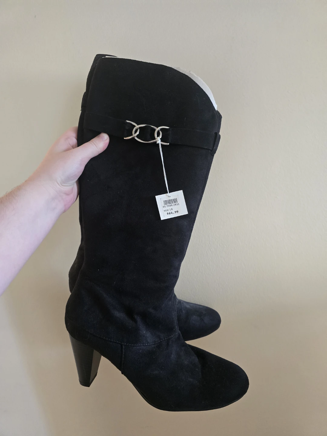 Black Suede Knee-High Boots with Silver Buckle Detail - photo 2