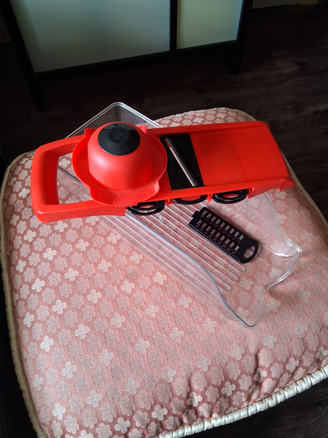 Red mandoline Slicer with 6 attachments