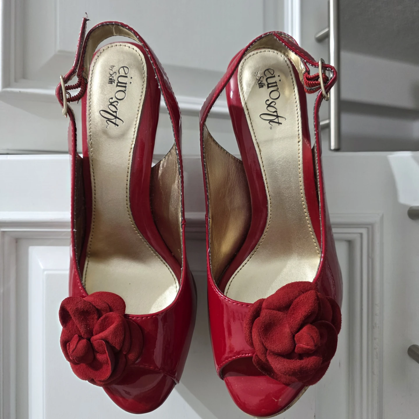 Eurosoft by Sofft Red Peep-Toe Heels with Flower Accent